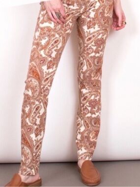 Zara pants Paisley Print Slim in Cream Brown side zip stretch